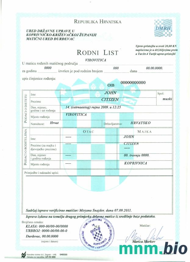 Croatia narodziny certyfikat